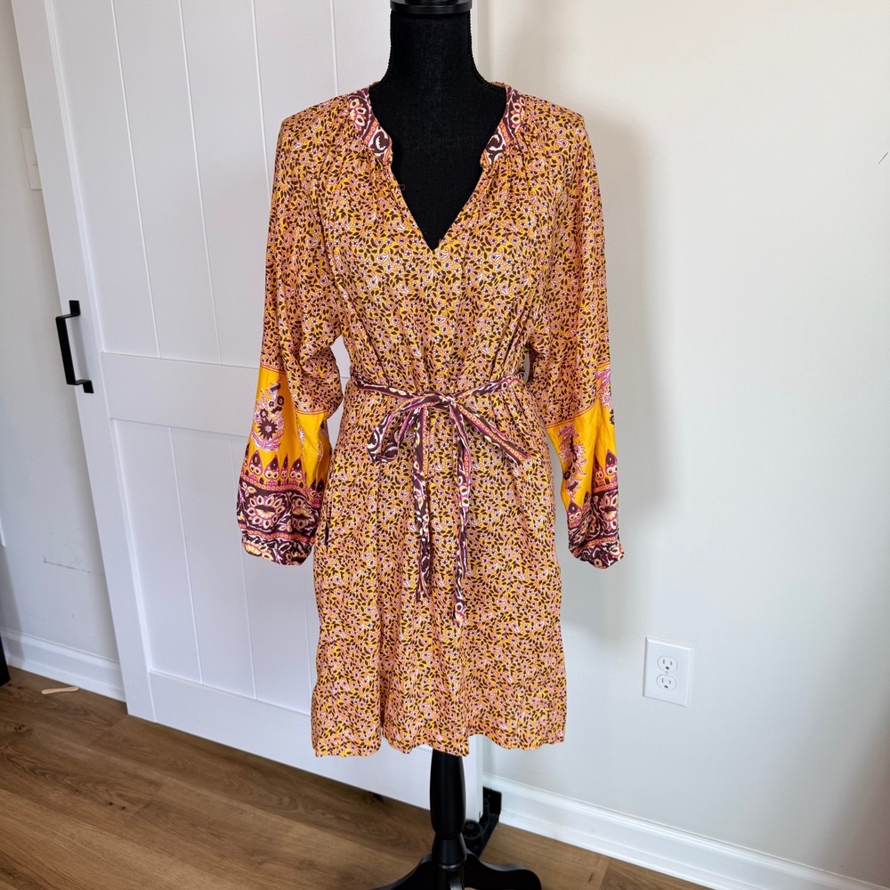 Xirena Yellow Floral Paisley Cotton Silk V-Neck Mini Dress Belted Womens Small